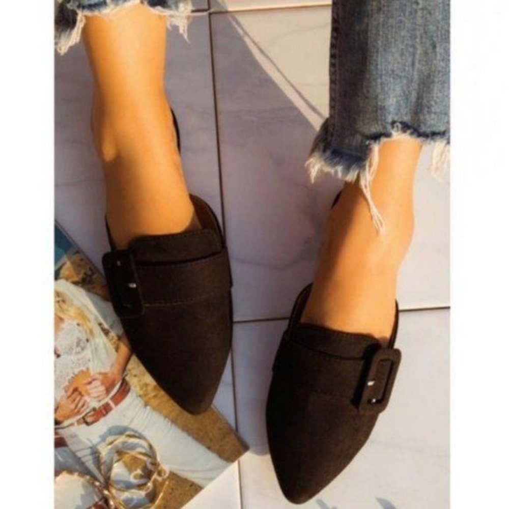 Faux Suede Buckle Mule in Black - Picture 3 of 7
